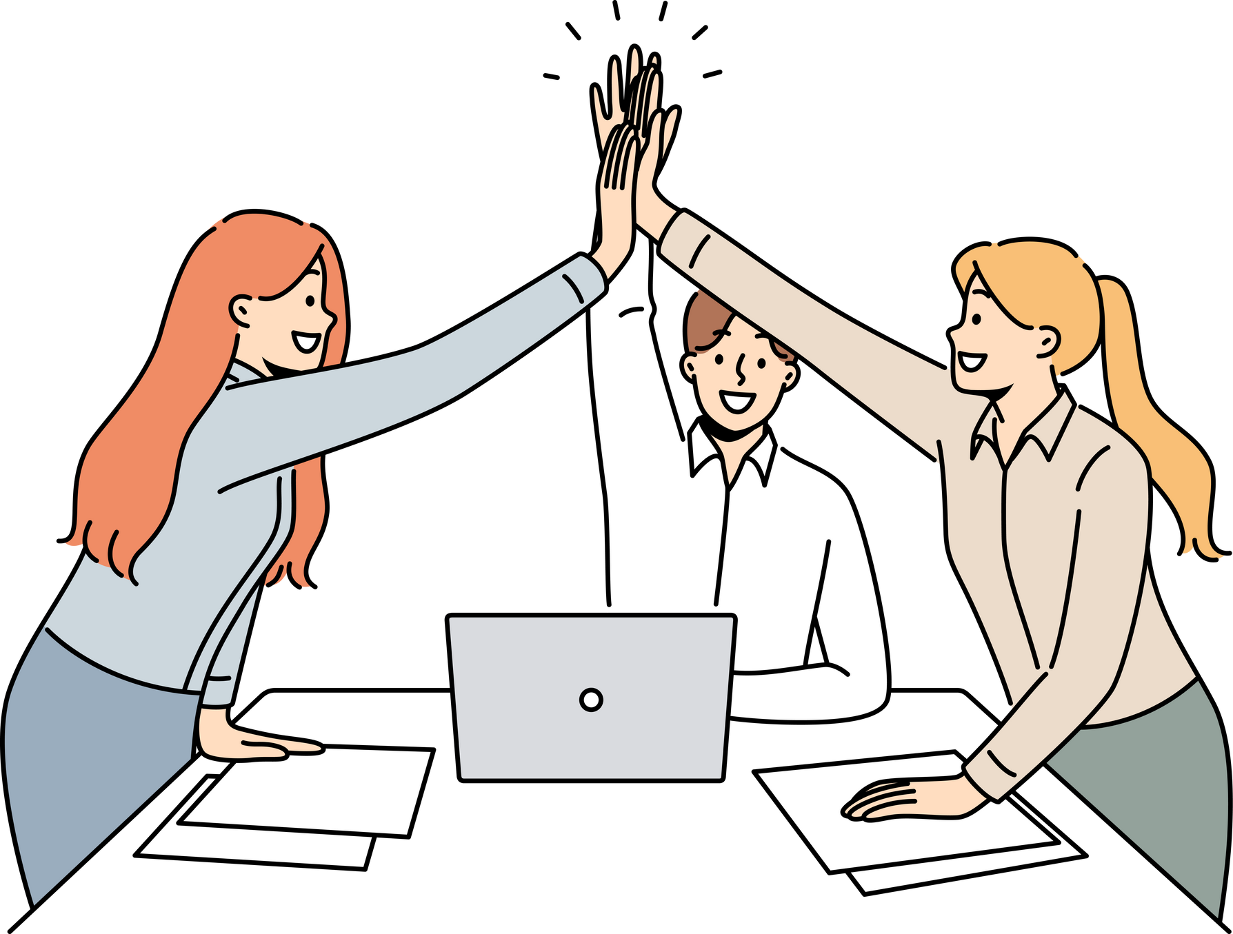 Successful business team rejoicing at completion of project, standing near desk and giving high five